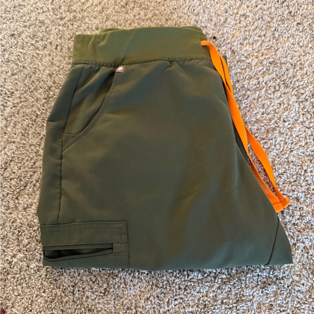 Figs Olive Green Women's Athletic Shorts with Orange Details